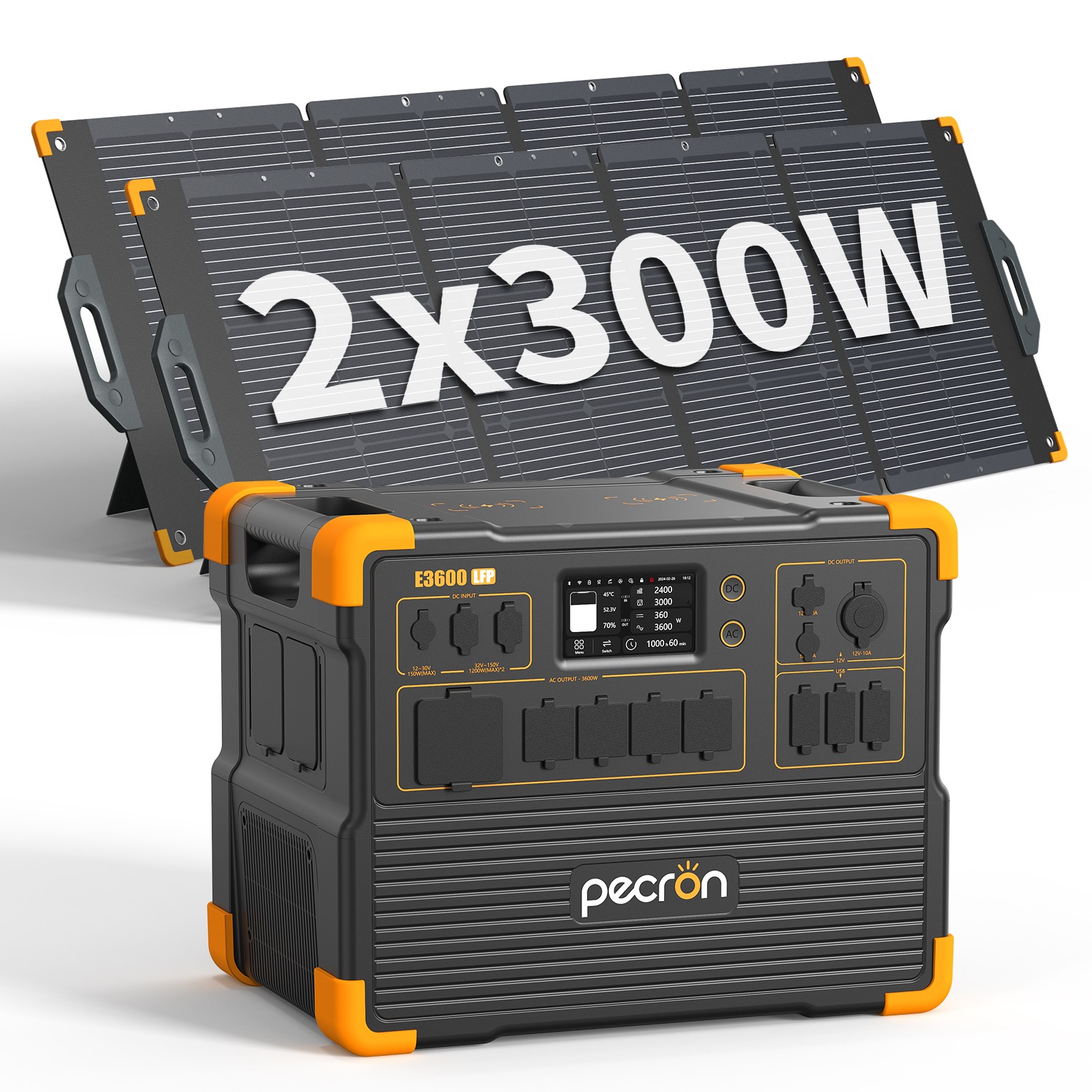 E3600LFP 3072Wh PECRON Portable Power Station Solar Generator 2*300W Solar Panel