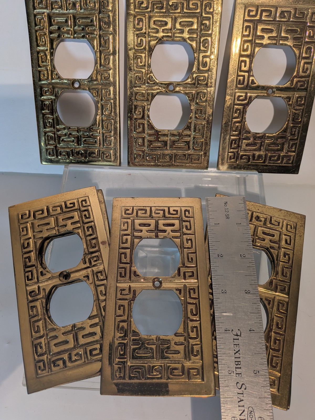 8 Brass Polished Oriental Outlet Plates Power MCM Greek Key Hollywood Regency