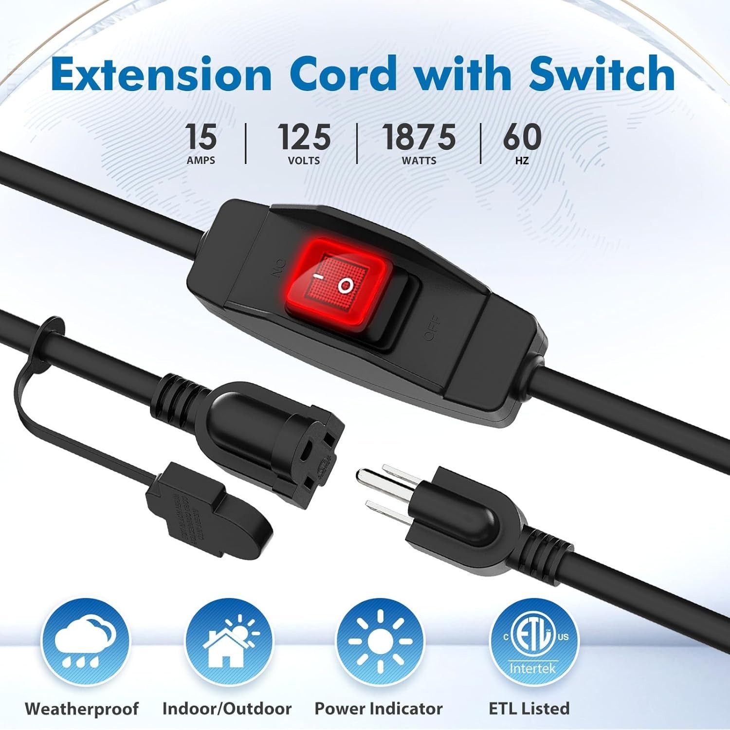 3-Prong Outdoor Extension Cord with Switch On/Off Waterproof Switch 15A 1875W