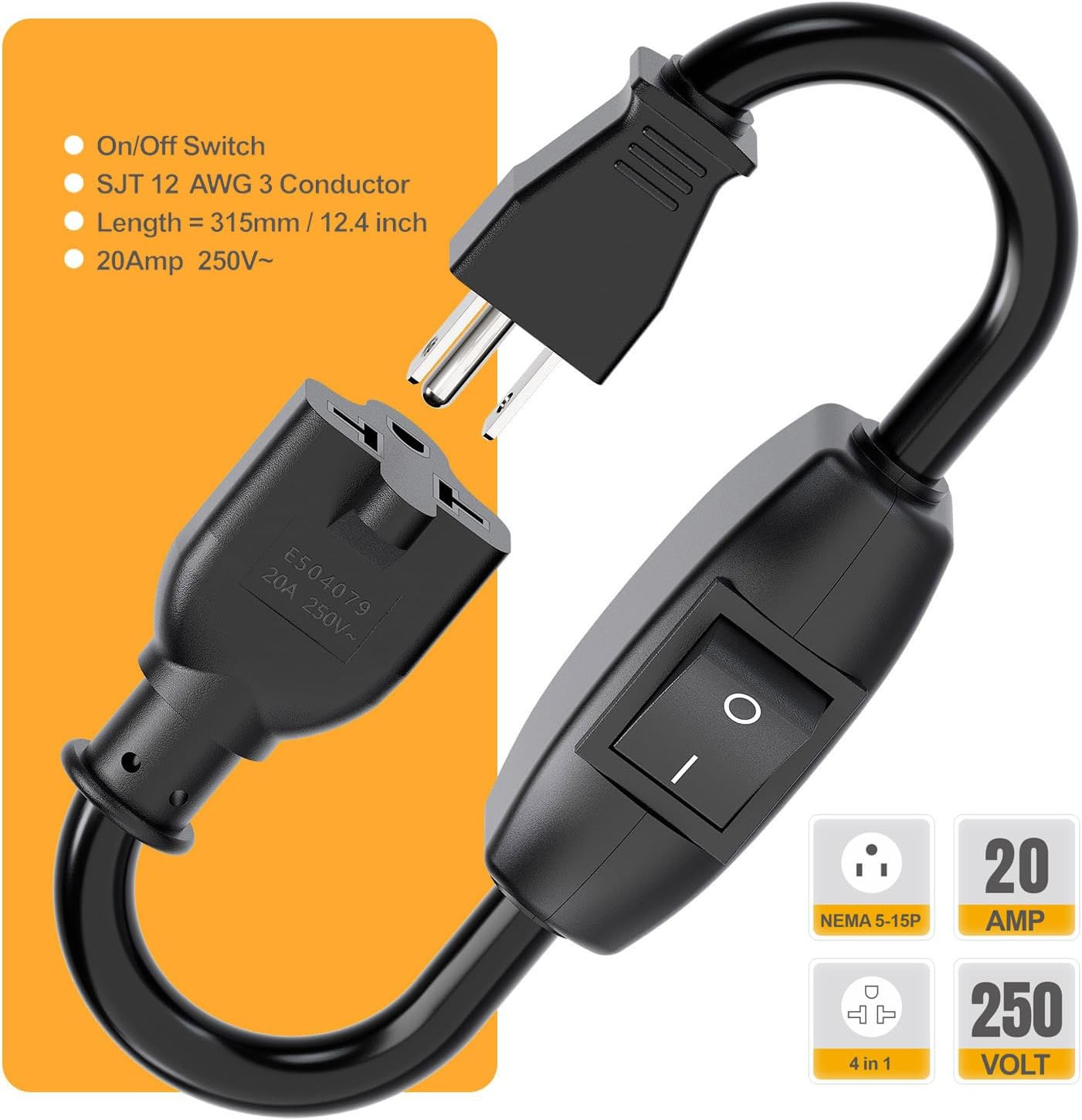 Heavy Duty On/Off Switch Extension Cord 12-AWG 15A Household Plug Male to Female
