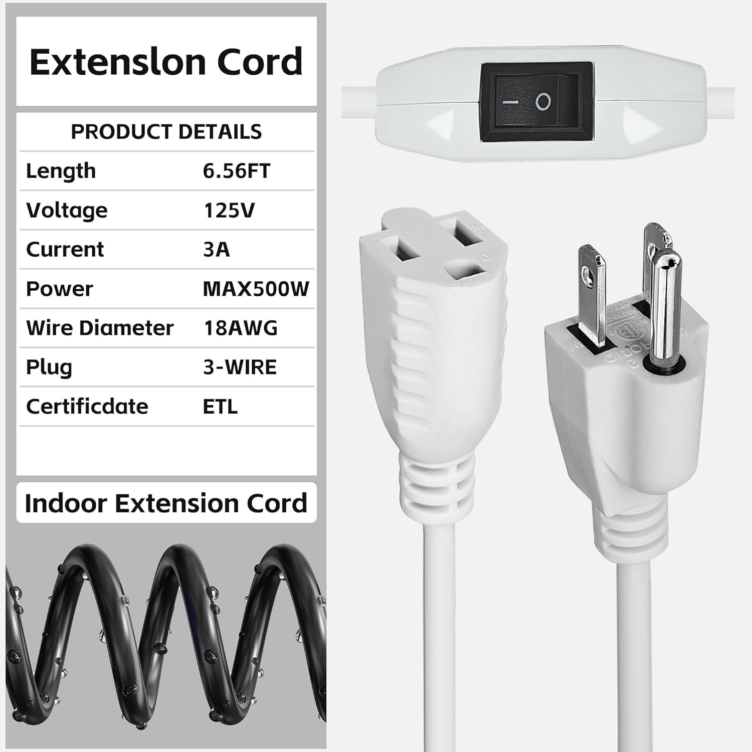 Extension Cord with Switch On/Off, 6.56 FT, 3 Prong Grounded Plug 18 AWG White E