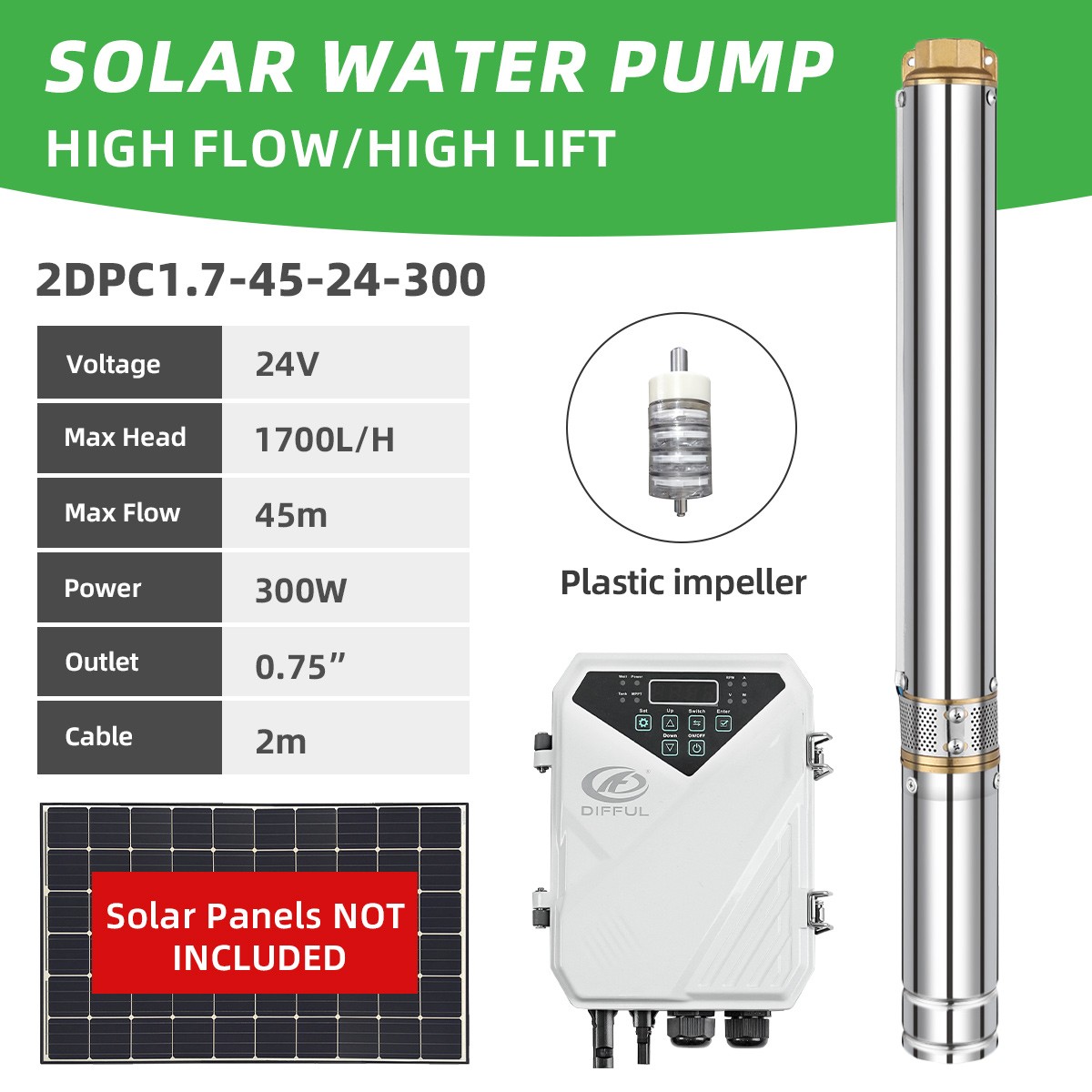 DIFFUL 2″DC Solar Submersible Well 0.5HP209FT Clean Off Grid Water Transfer Pump