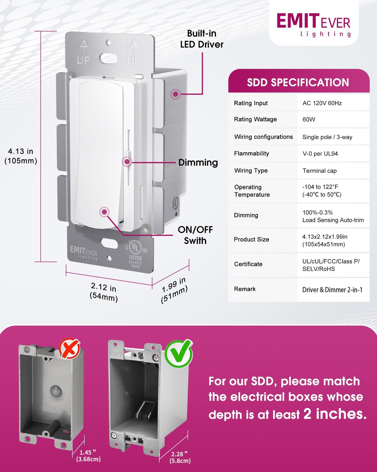 EMITEVER Dimmer Light Switch & 24V 60W Dimmable LED Driver 2 In 1, UL Listed