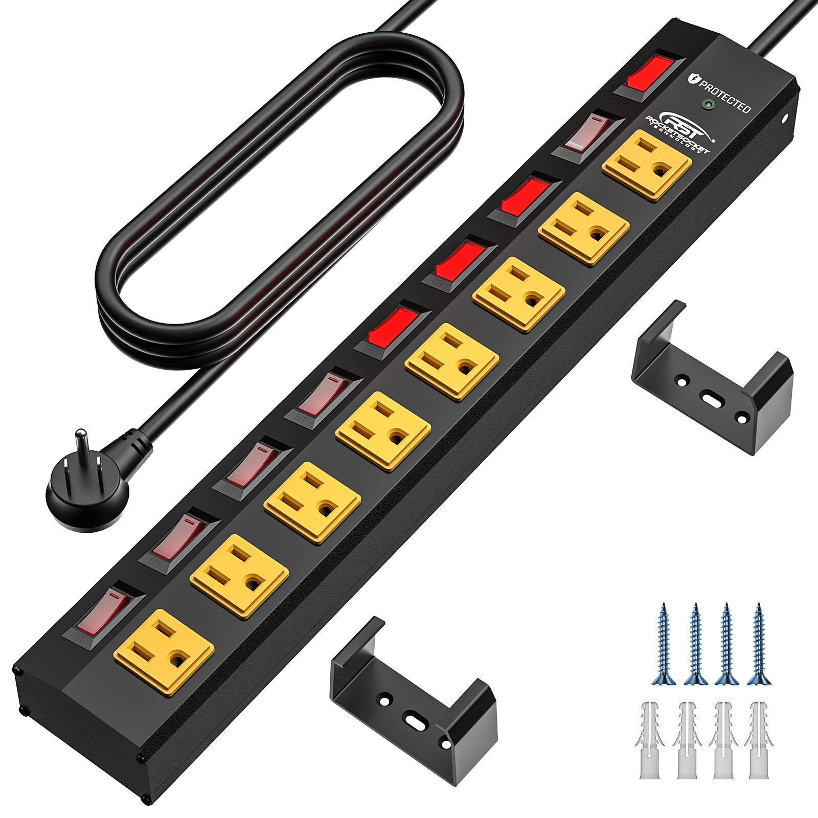 8 Outlet Heavy Duty Power Strip with Individual Switches, 6 FT Cord and Bracket