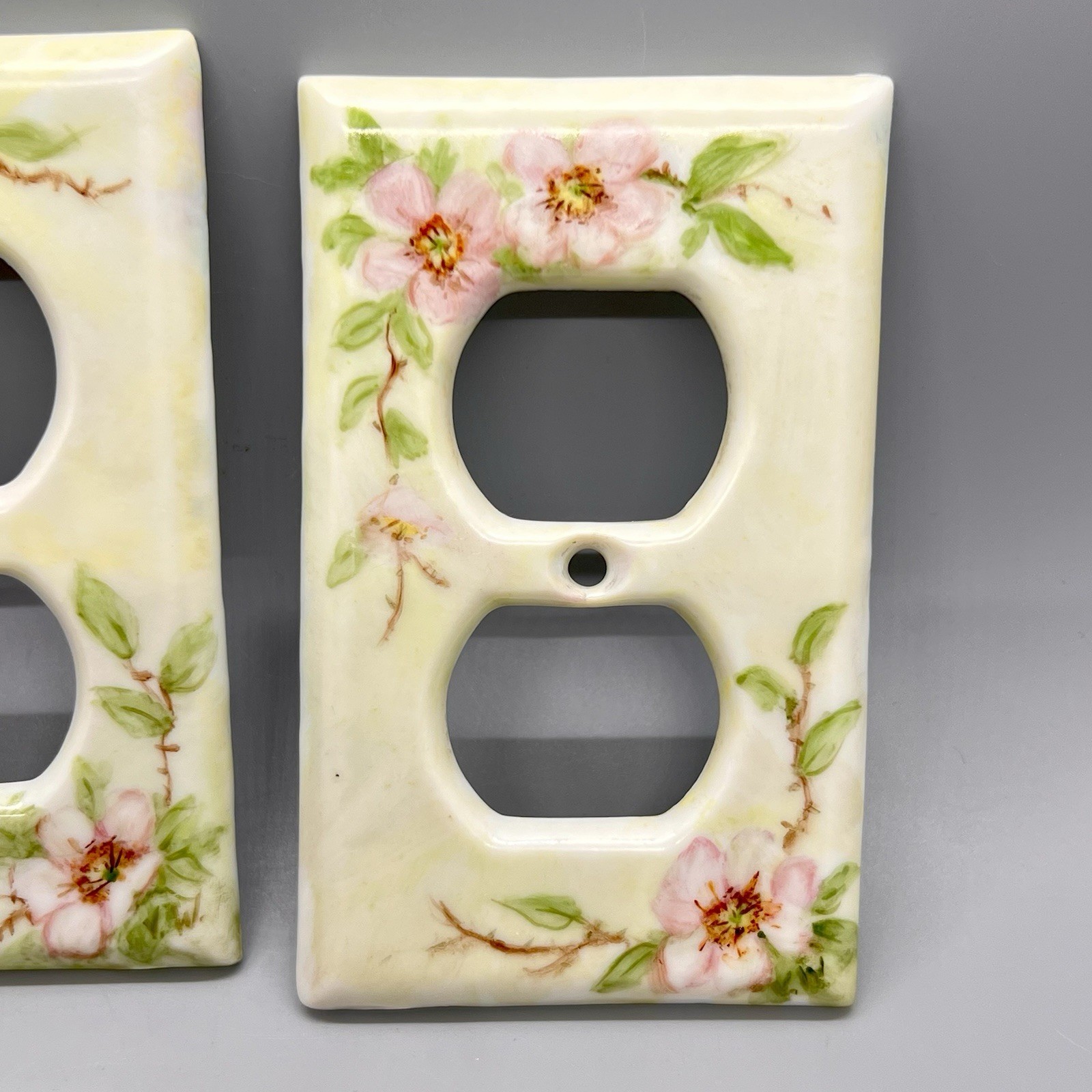 2 – Vintage Porcelain Outlet Covers Hand Painted Green w/ Pink Dogwood Florals