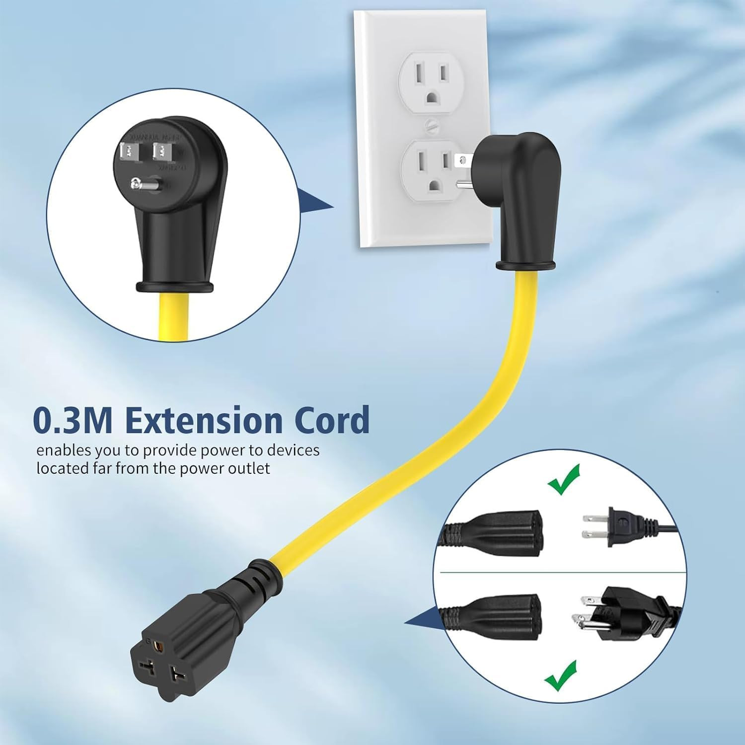 Heavy-Duty 20 Amp Extension Cord – 12AWG 1FT NEMA 5-15P to Bends