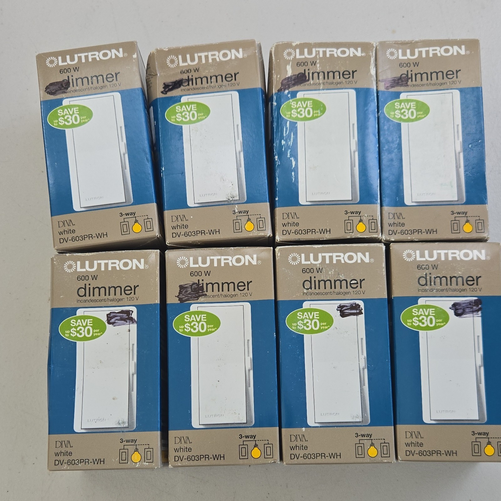 8 Lutron Diva DV-603PR-WH 600W 3-Way 120V Slide Dimmer White Locator Light