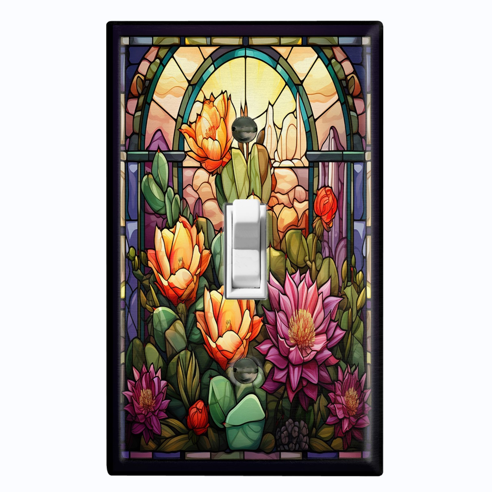 Metal Light Switch Outlet Cover Wall Plate Image of Stained Glass Flowers EGS114