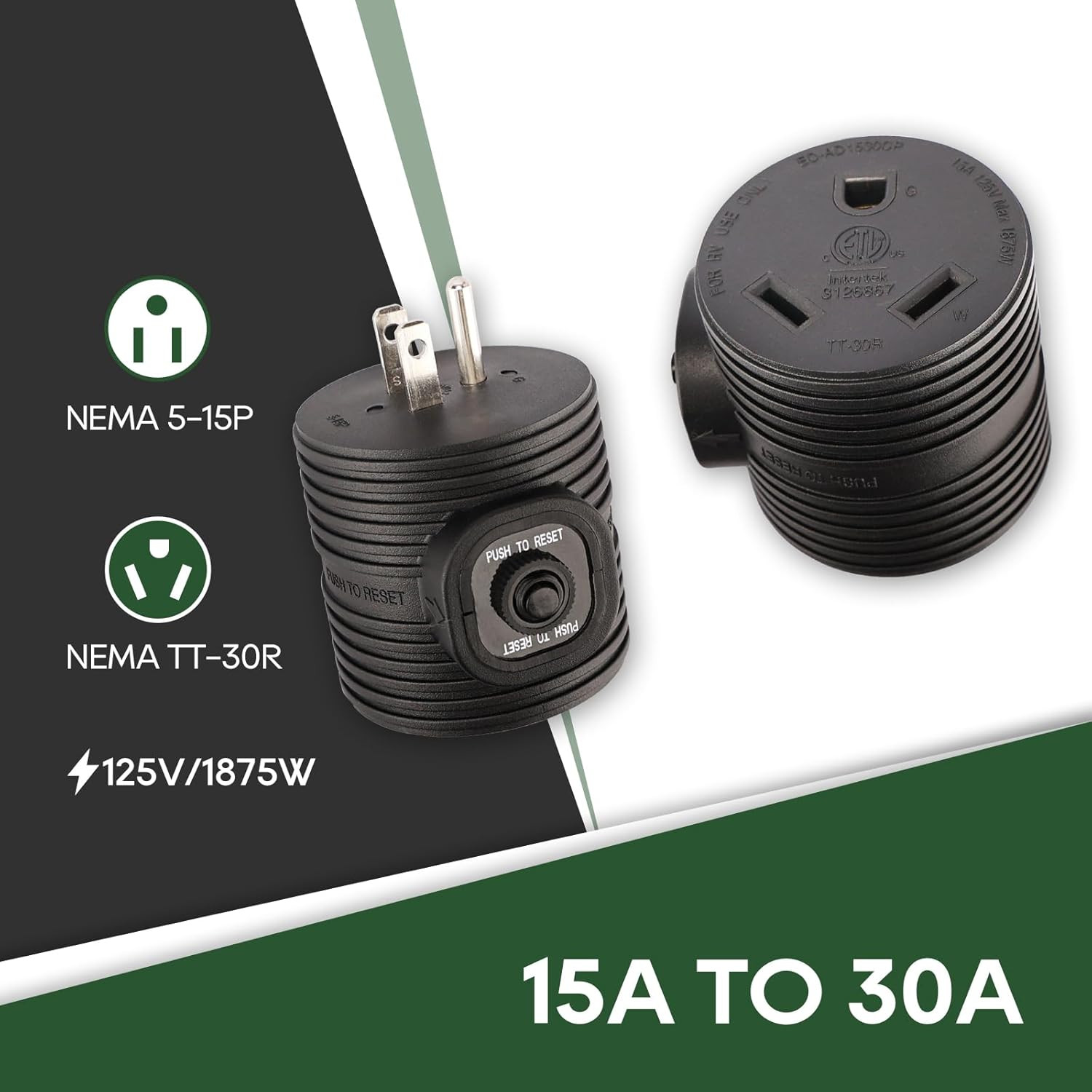 30 Amp to 110 Volt RV Power Adapter Plug with Circuit Breaker | Overload Protect