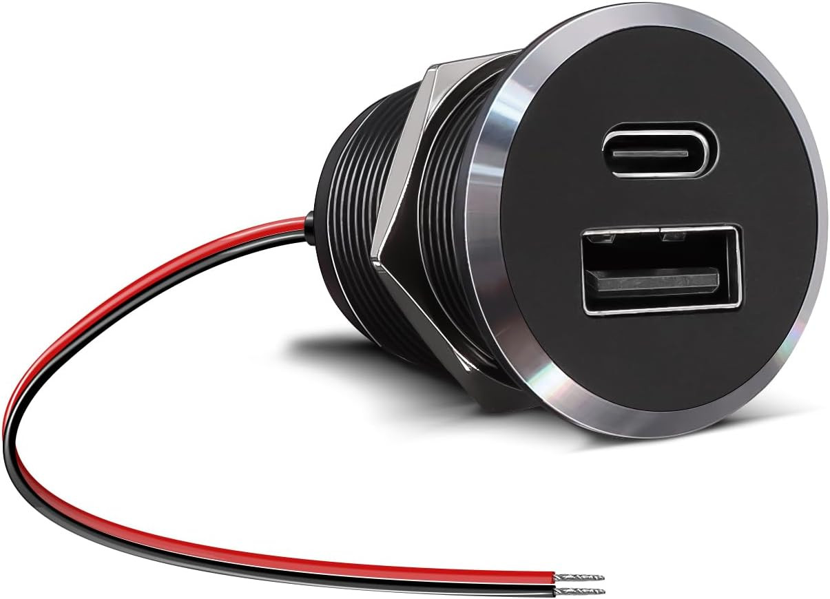 12V USB Outlet All-Aluminum QC 3.0 USB-A & USB-C PD3.0 Dual Fast Car Charger Soc