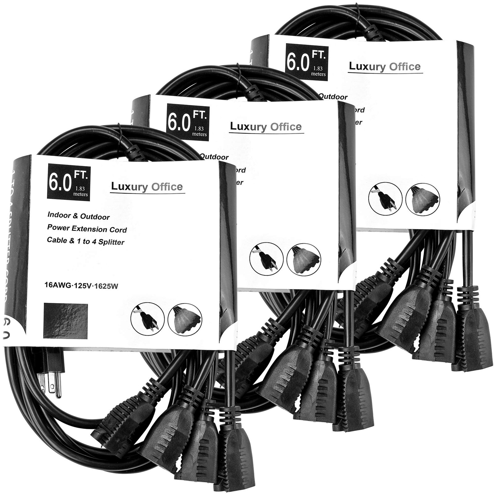 4 Way Power Splitter 1 To 4 Outlet 6 Ft Long Black SJT 16 AWG Extension Cord