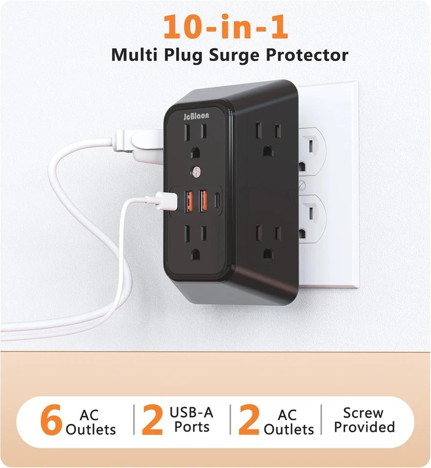 USB Wall Charger Power Strip Surge Protector with 4 USB Ports (2 USB C) Plug Ext