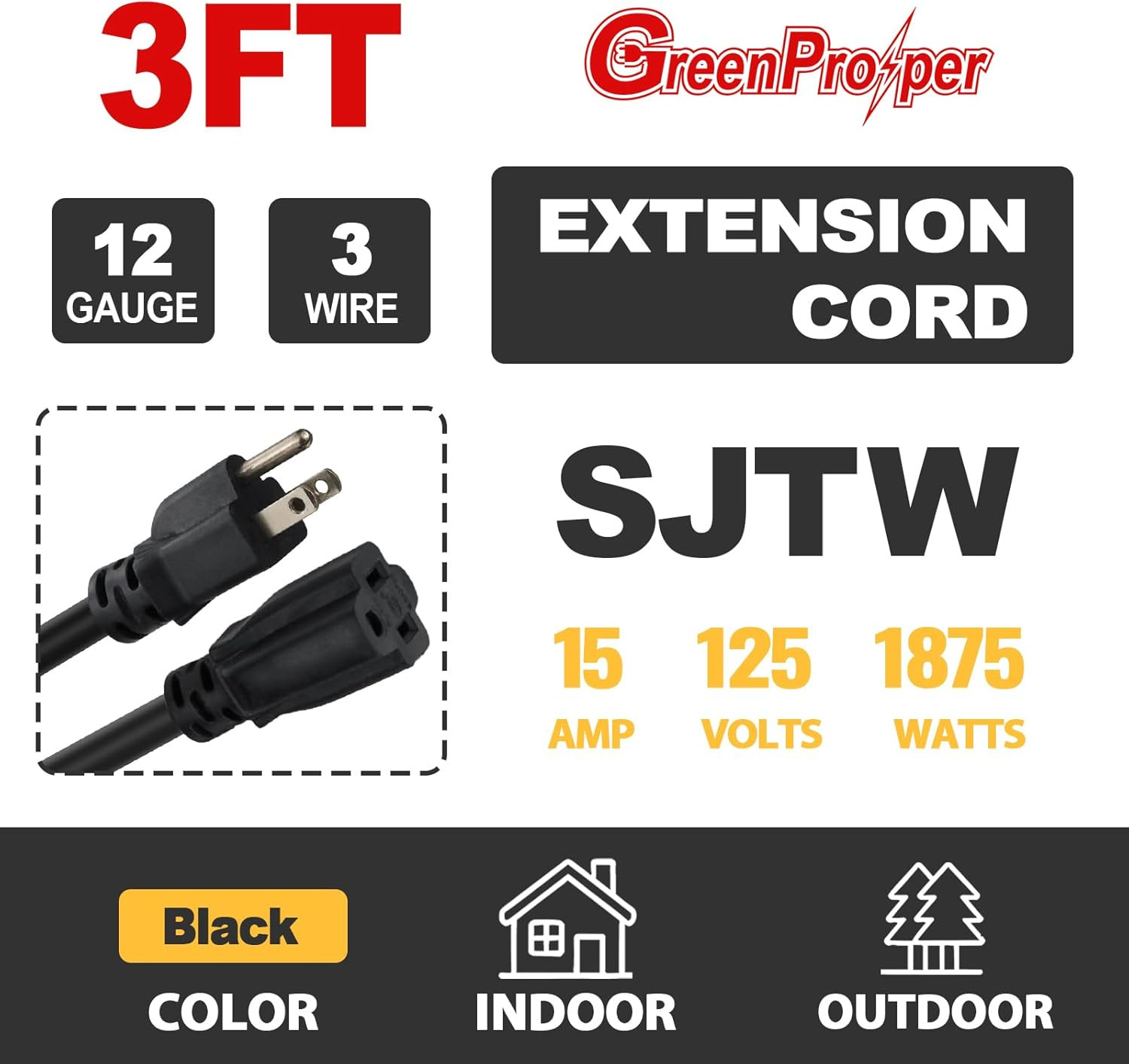 3 FT 12 Gauge Extension Cord Outdoor, Heavy Duty Weatherproof & Flame Retardant