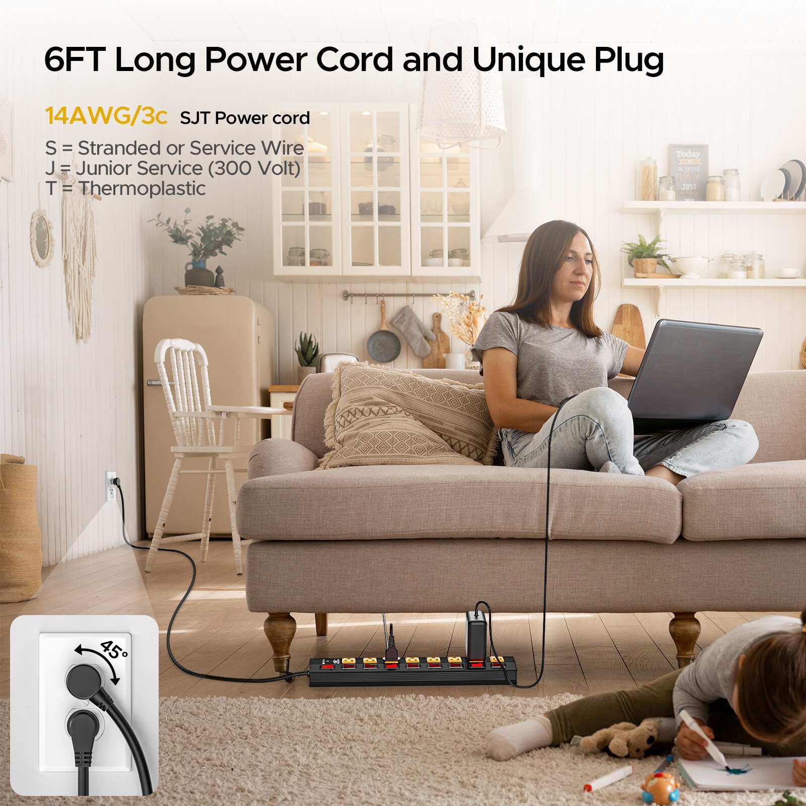 8 Outlet Heavy Duty Power Strip with Individual Switches, 6 FT Cord and Bracket