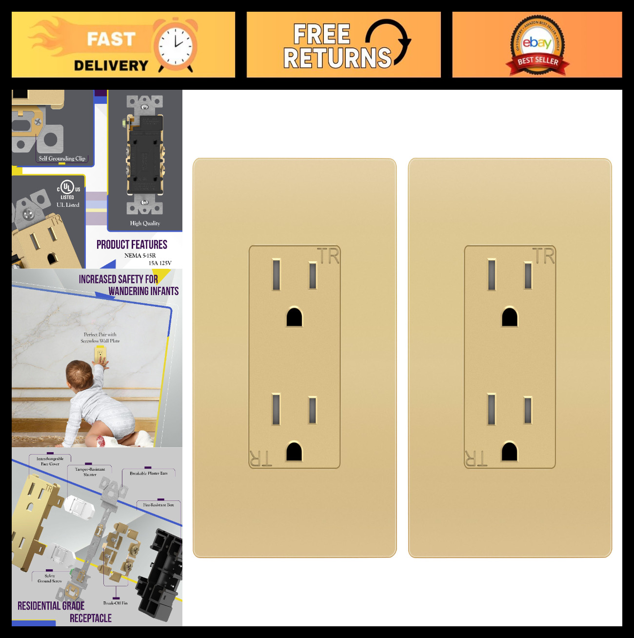 Child Safe Tamper-Resistant Outlet 15A 125V, Self-Grounding, Gold, 2 Pack