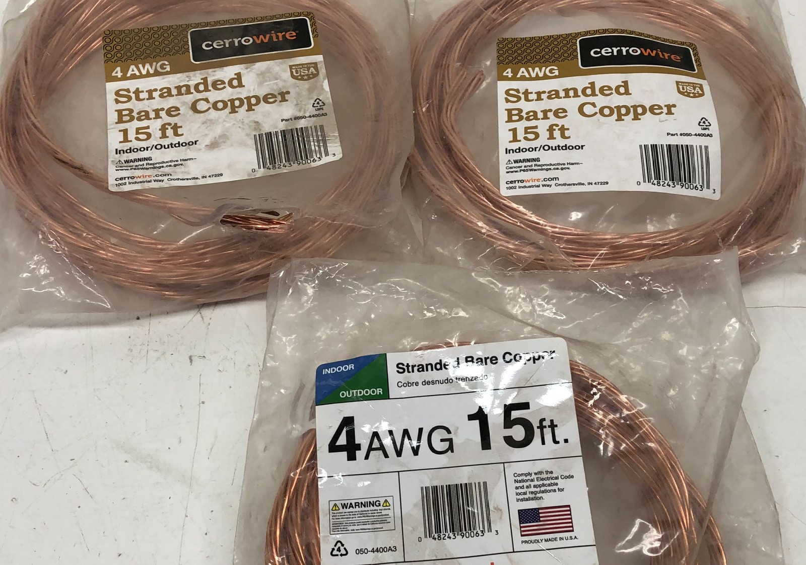3 PACK Cerrowire 15ft 4 Gauge Stranded Bare Copper Grounding Wire Indoor/Outdoor