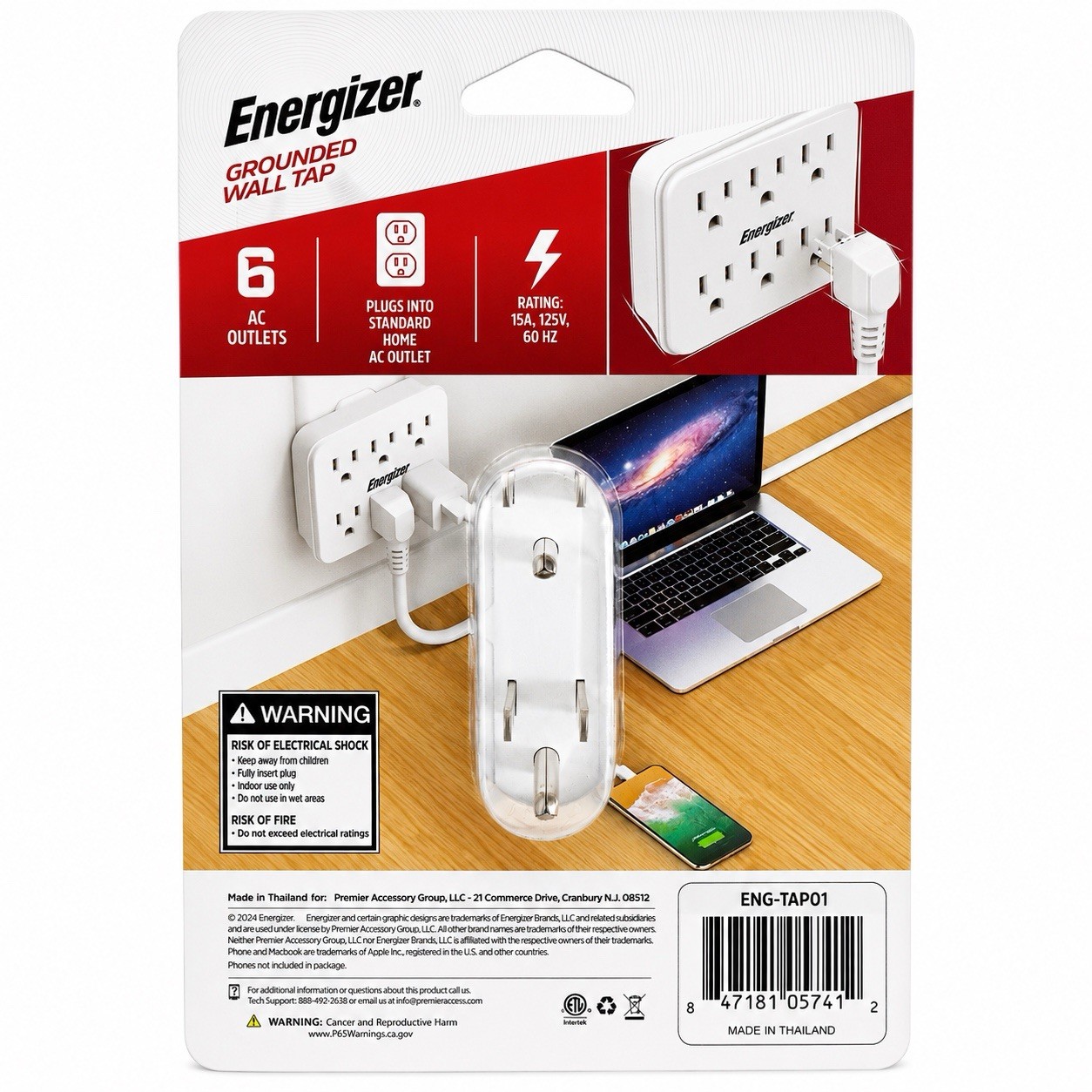 Energizer 6 Outlet Grounded Wall Tap Adapter 15A 125V Home Power Expander NEW