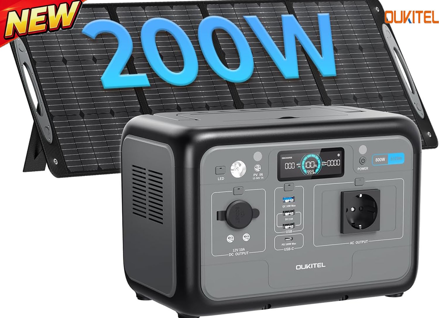 Portable Power Station 800W 512Wh LiFePO4 Battery with 200W Solar Panel