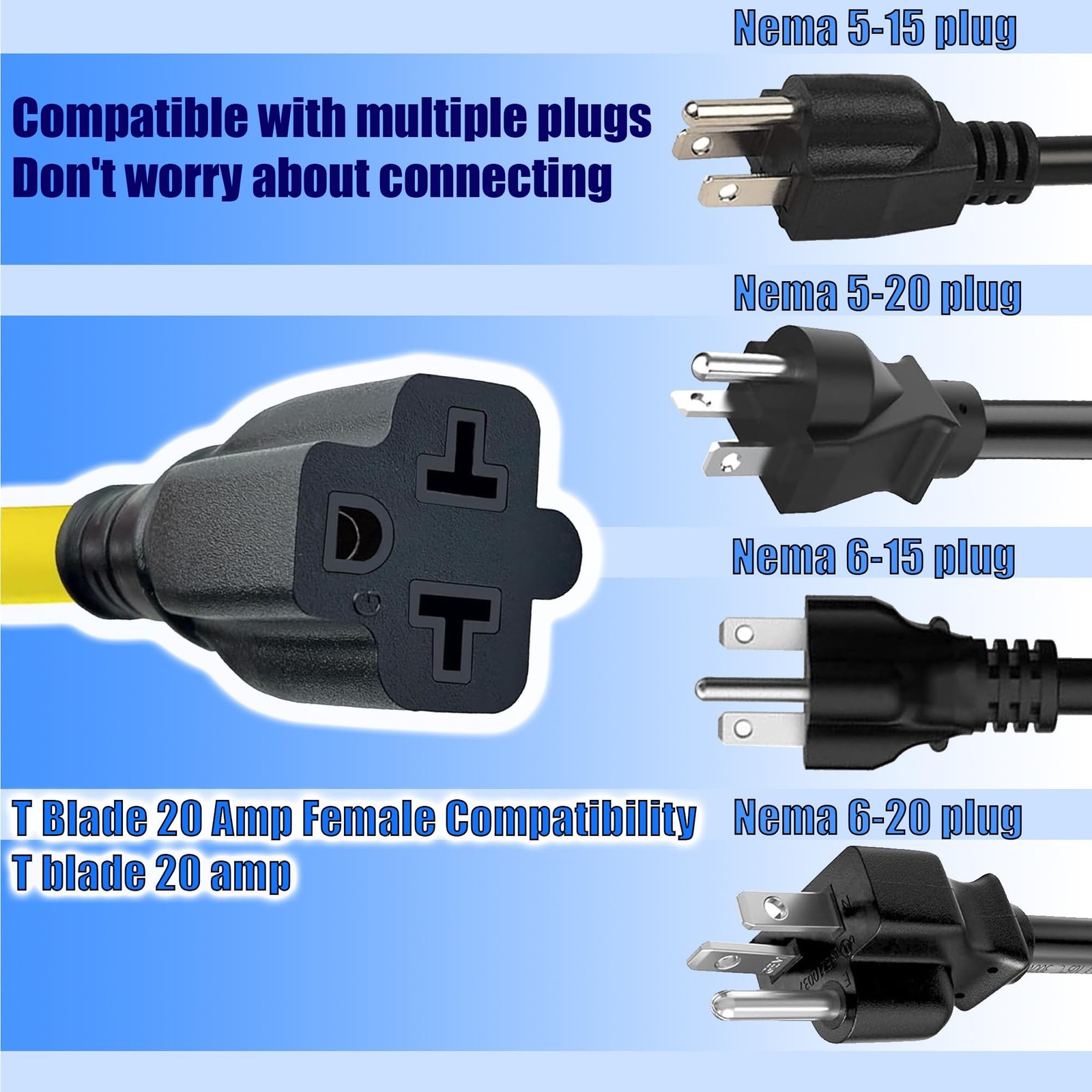 12AWG Heavy-Duty 20 Amp Extension Cord,NEMA 5-15P to 5-20R/6-15R/6-20R Adapte…
