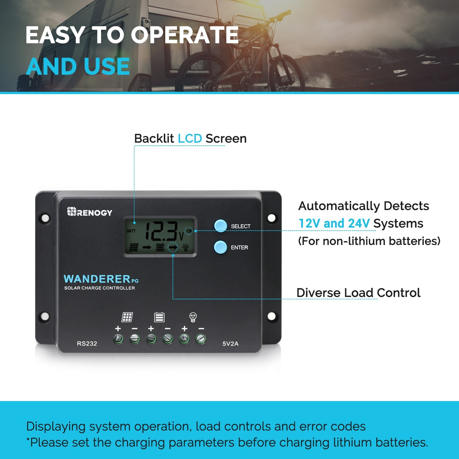 Renogy Wanderer 10A PWM Solar Charge Controller Positive Ground LCD Regulator