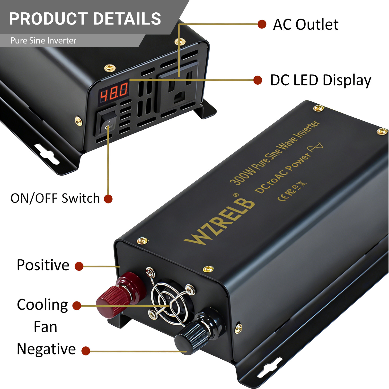 300W Pure Sine Wave Power Inverter 48V to 110V/120V DC to AC 60HZ LCD camp rv