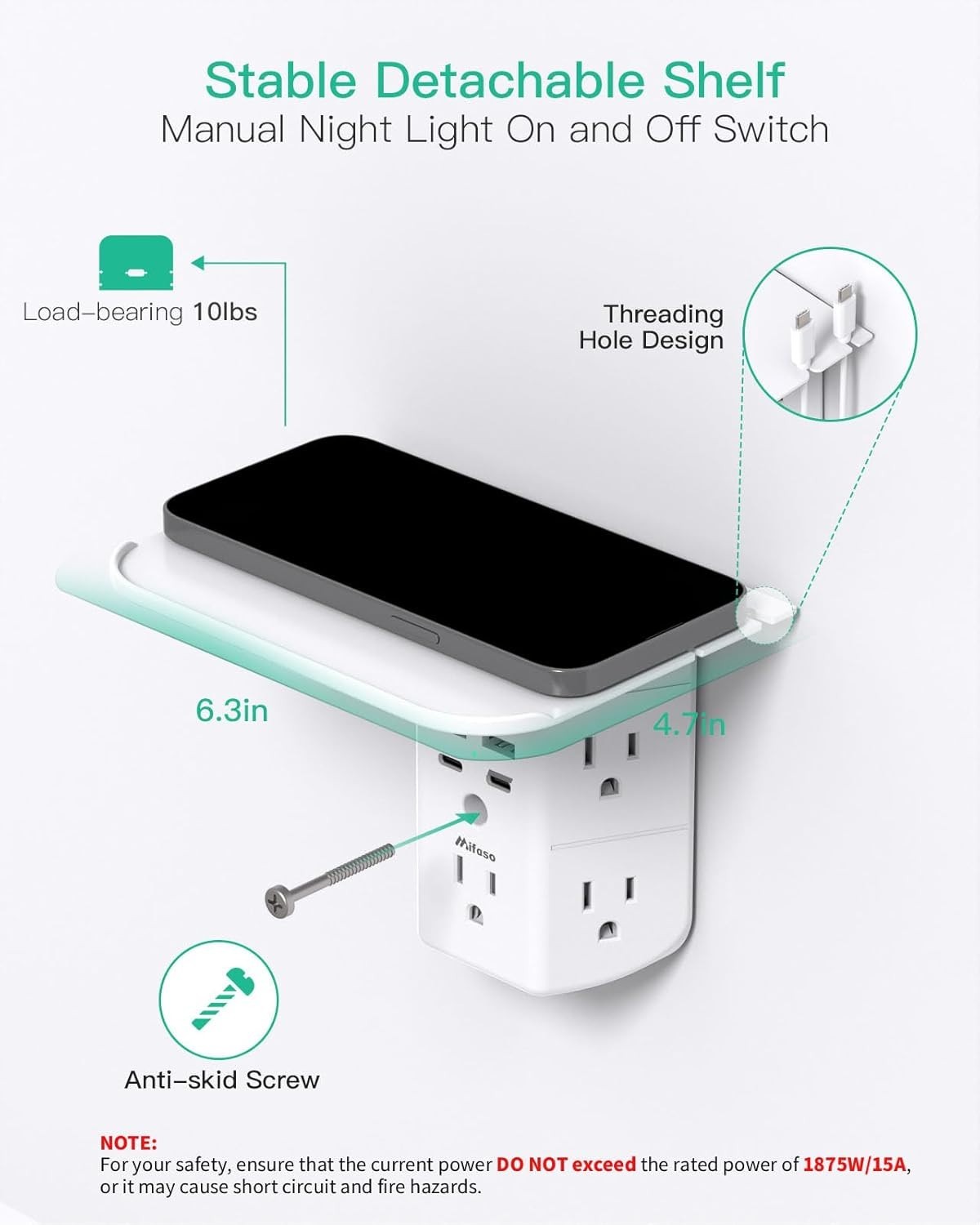 Surge Protector Outlet Extender with 5 AC & 4 USB Ports – Space-Saving Design