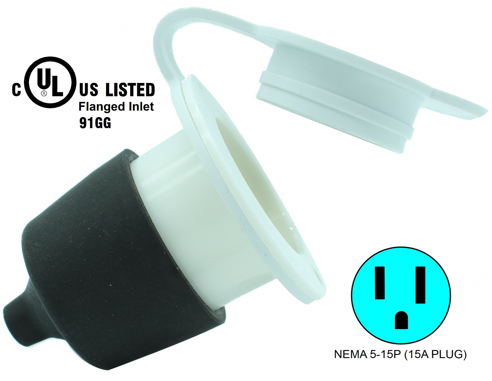 WHITE 5279 15 Amp 125V, 5-15P Flanged Power Outlet Receptacle RV Trailer Marine
