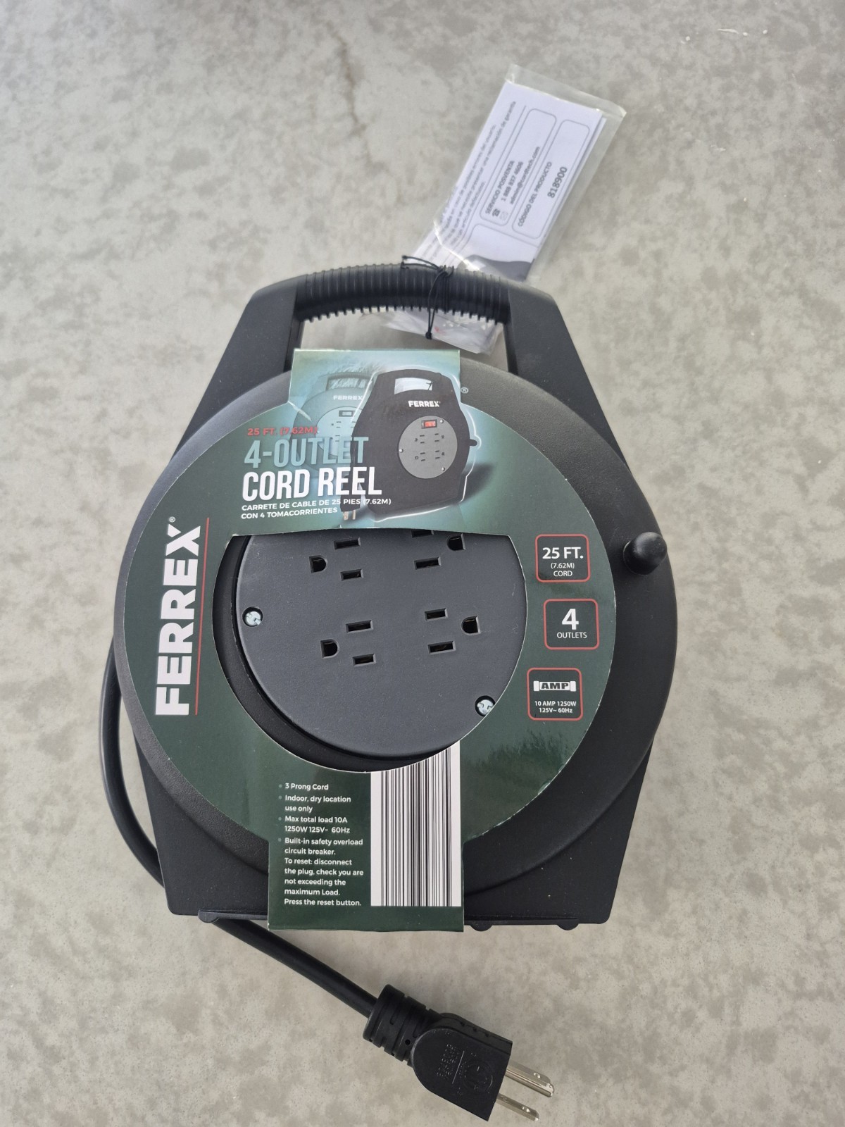 Brand New In Packagin Ferrex 4 Outlet Cord Wheel 25 Feet 10 Amp 1250W 125V 60Hz