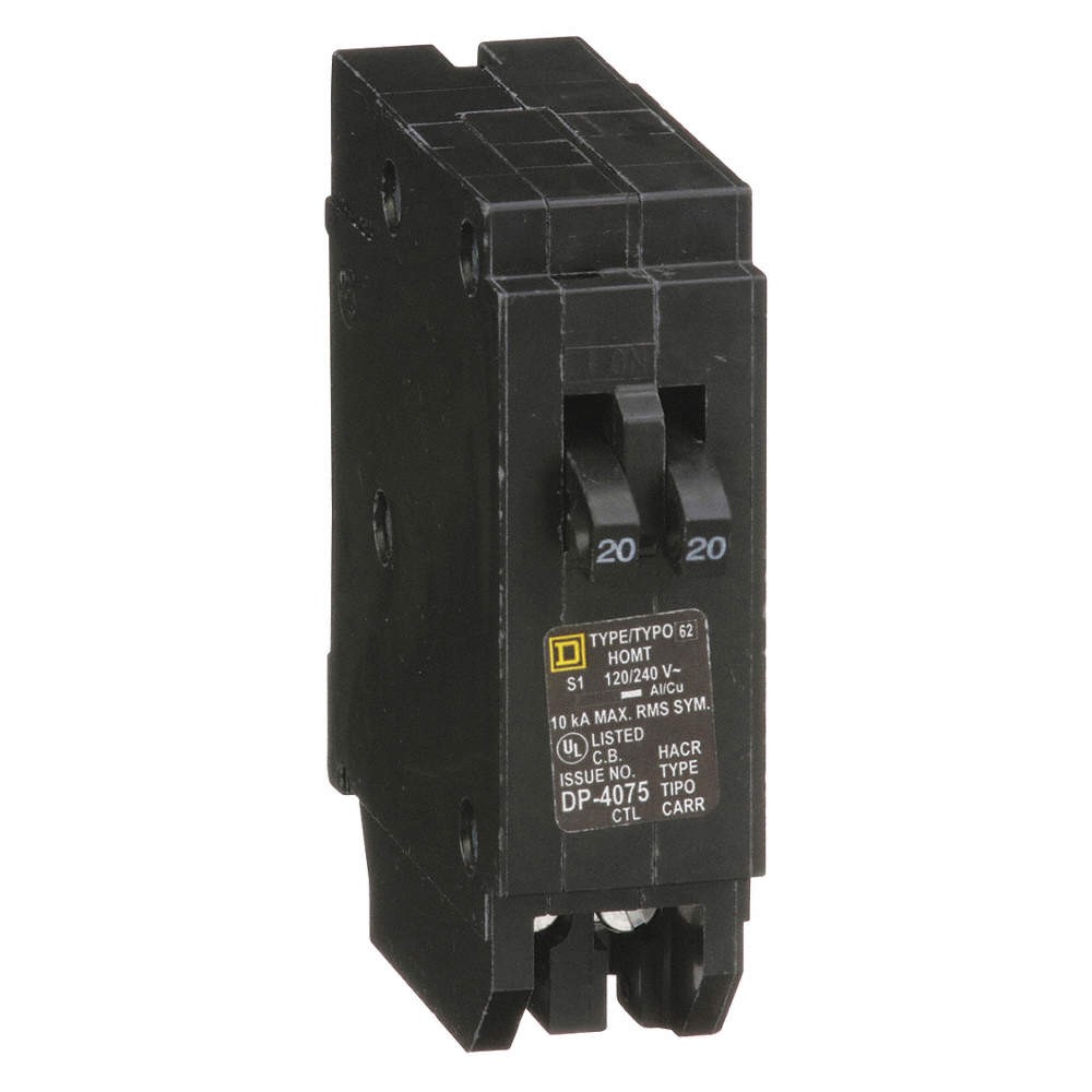 SQUARE D HOMT2020 Circuit Breaker,20A,Plug In,120/240V,1P 1D365