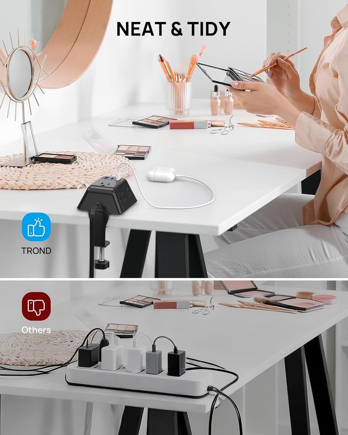 Compact Desk Clamp Power Strip with 5 AC Outlets and USB Ports for Convenience