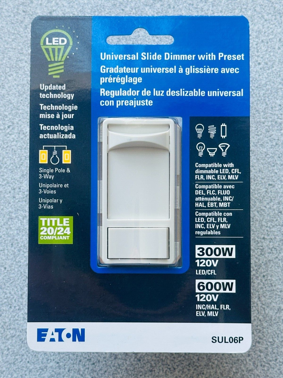 NEW Eaton SUL06P-LA Slide Dimmer, LED, Fluorescent, Incandescent, 1 Pole, 3 Way
