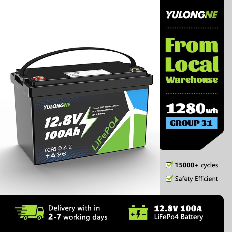 YULONGNE 12V 100Ah Lithium LiFePO4 Battery 8000+ Deep Cycle for Solar RV Marine