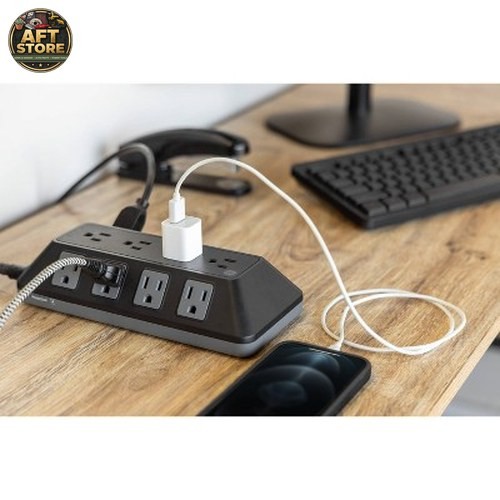 GE 12-Outlet Surge Protector with 8ft Braided Cord – Black/Gray
