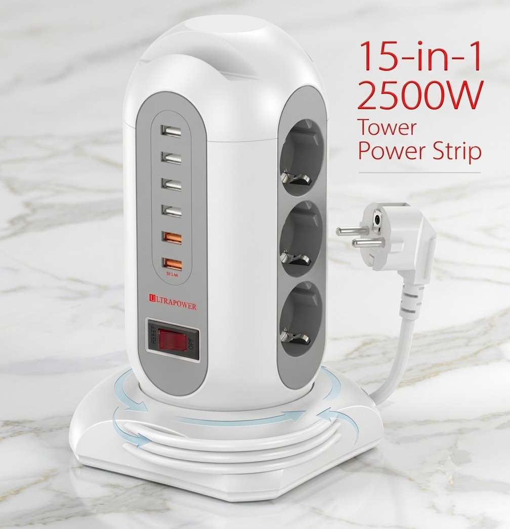 15-in-1 2500W Tower Power Strip, 9 Outlets, 6 USB Charging Ports, 1.8 Meter