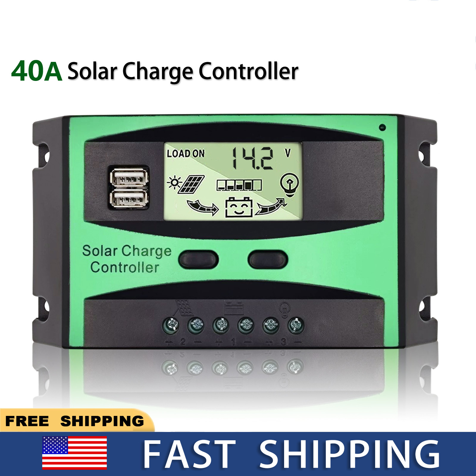 40A Solar Charge Controller LCD Display 12V 24V Auto Regulator Dual USB