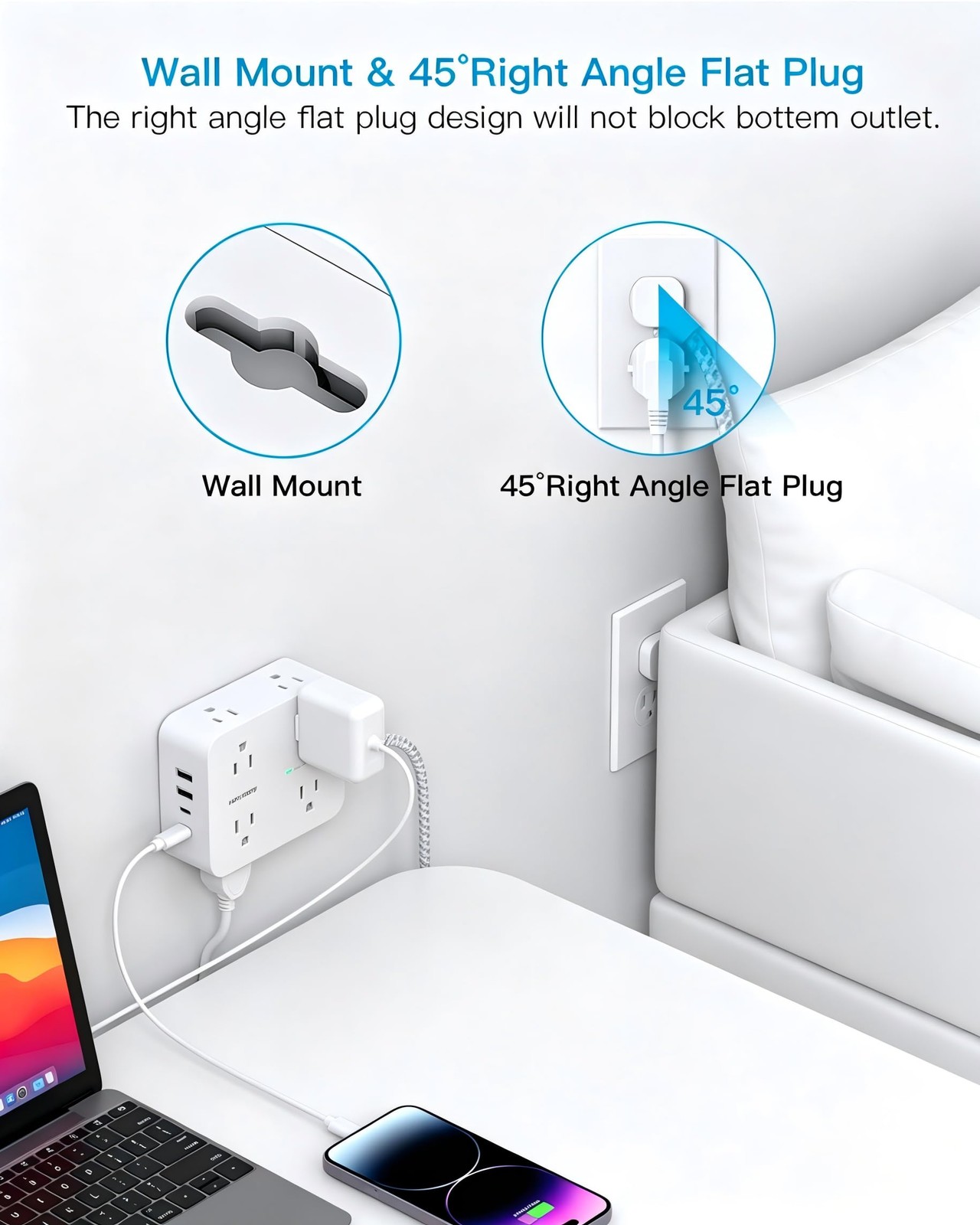 10 FT Braided Extension Cord Flat Plug 8 Outlets 4 USB Ports 1080J Surge
