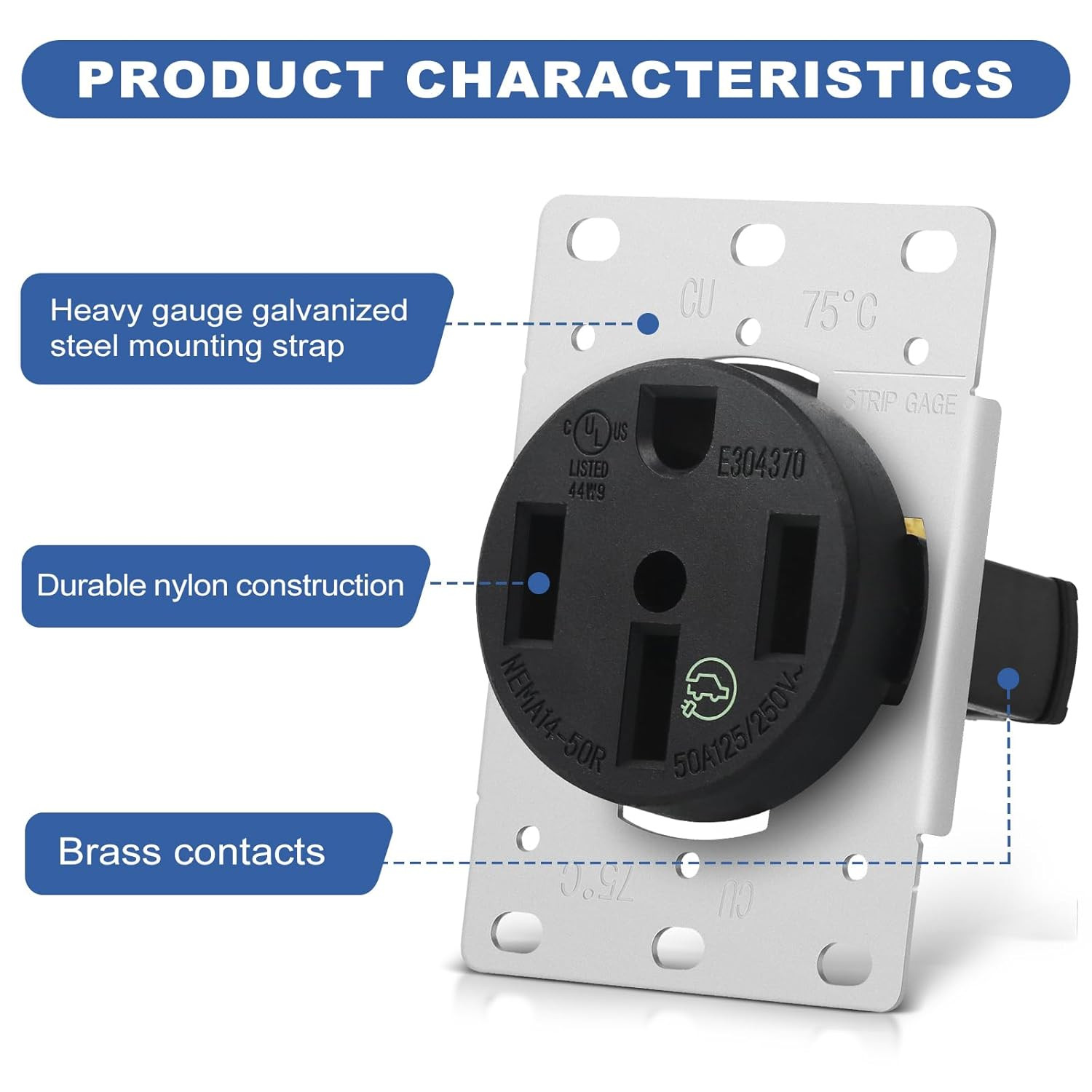 NEMA 14-50R 50 Amp Heavy-Duty EV Charging Receptacle Outlet 125/250V, Built for