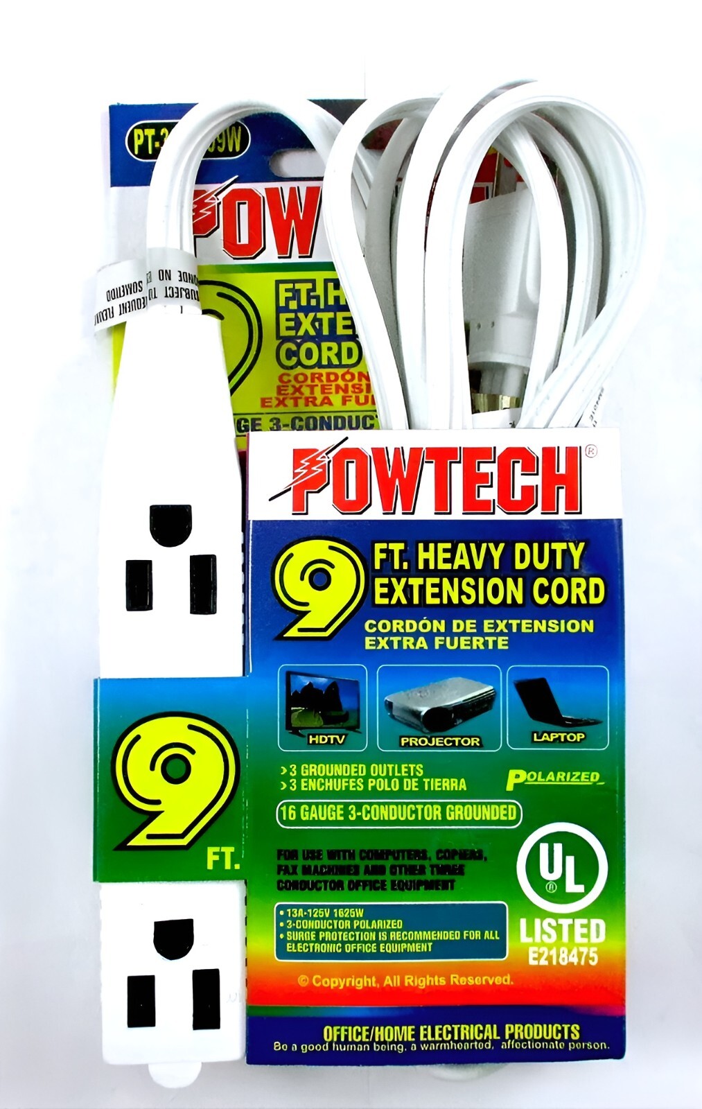 3 Outlet 9 Ft Heavy Duty Extension Cord 13A-125V 1625W HDTV Projector Laptops