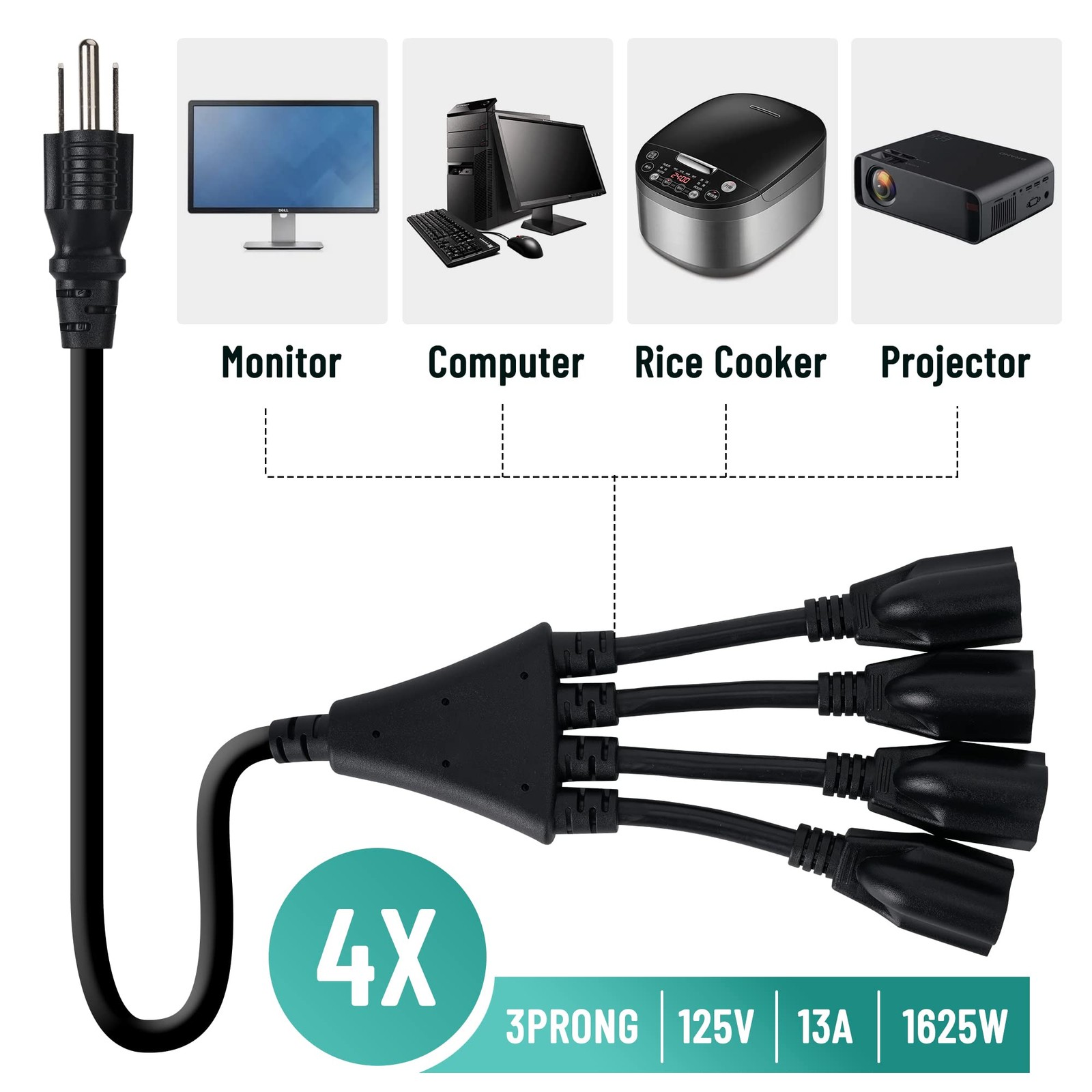 4 Way Power Cord Splitter Cable-3 Prong 1 to 4 Extension Cord-Outlet Saver-Ma…