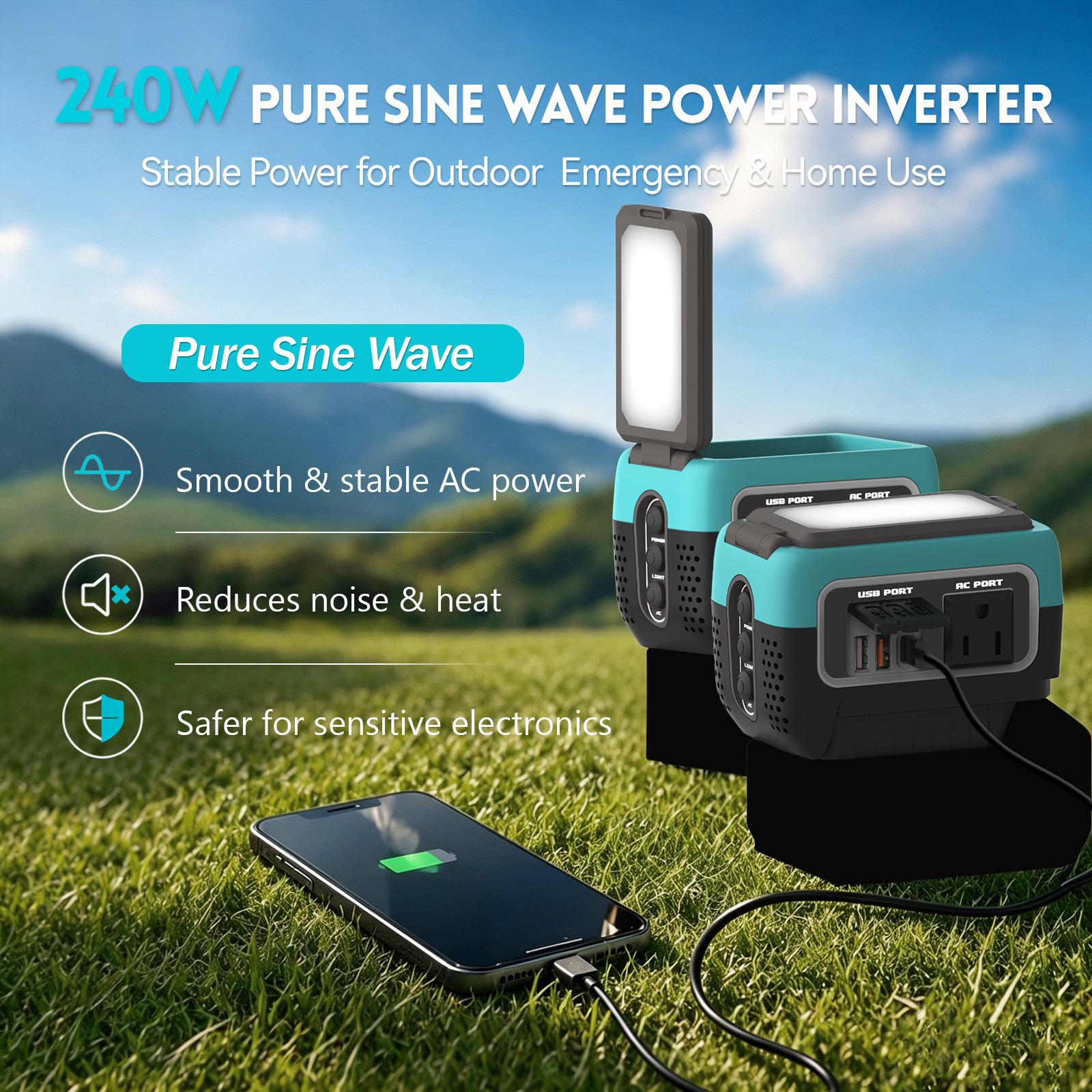 2 Pcs 240W Pure Sine Wave Inverter for Makita 18V Battery AC 120V USB-C Camping