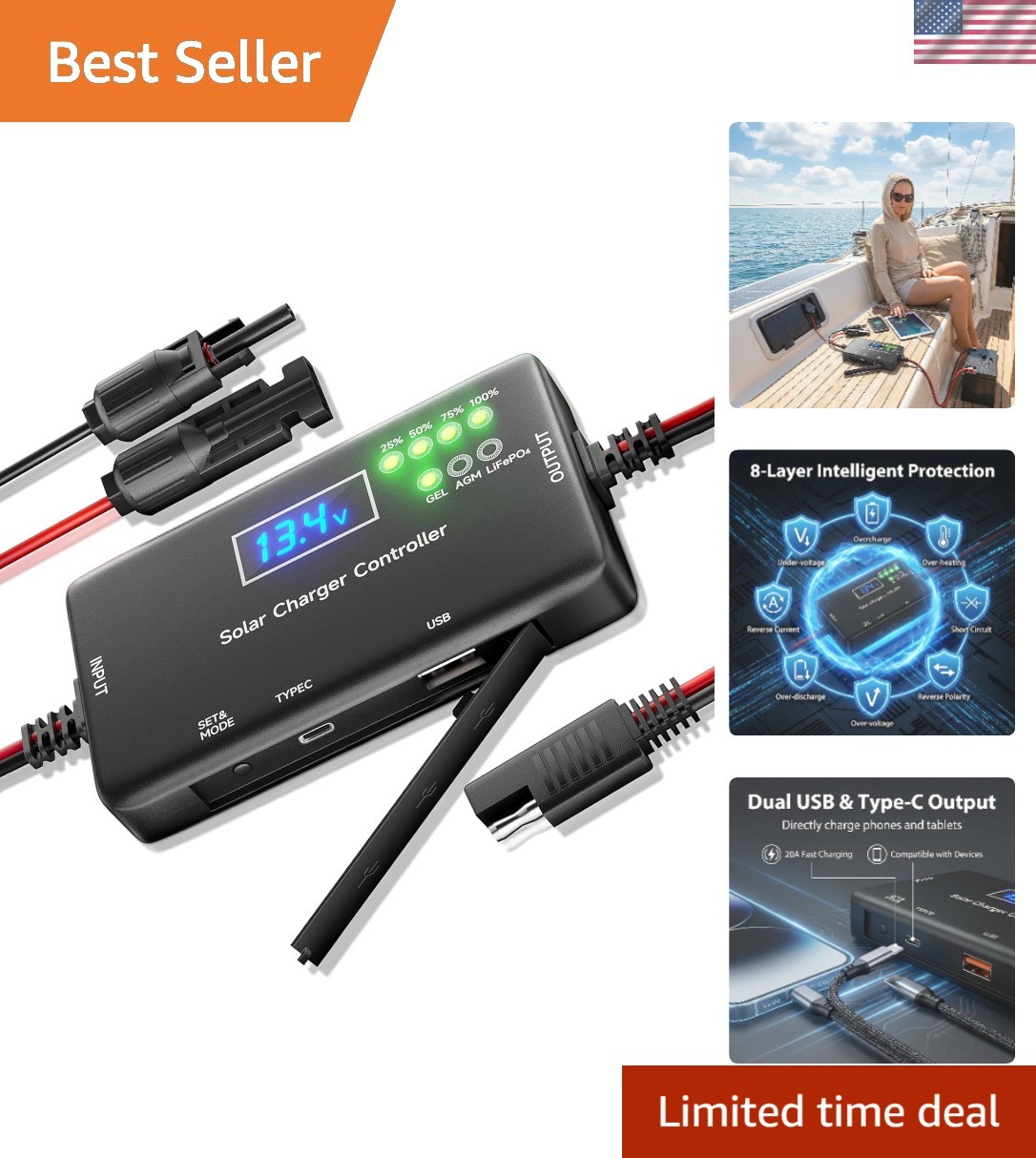 Overload & Overheating Protected Solar Charge Controller with Type-C/USB Ports