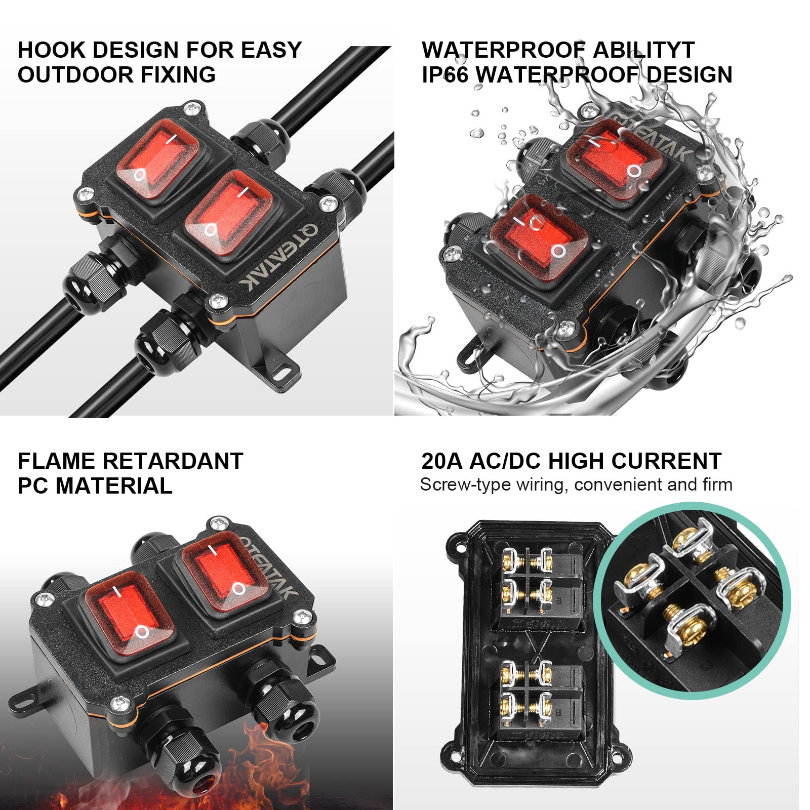 Waterproof On-Off Toggle Switch with Red Light Buttons DPST Inline Cord