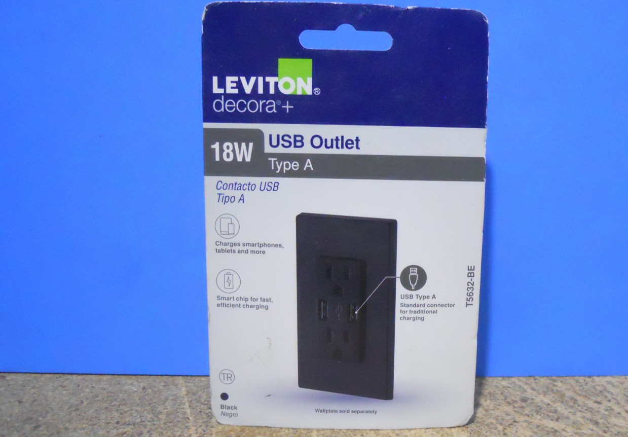 2 Pack Leviton Decora+ 18W USB-A Charging Duplex Outlet 15 Amp Black T5632-BE