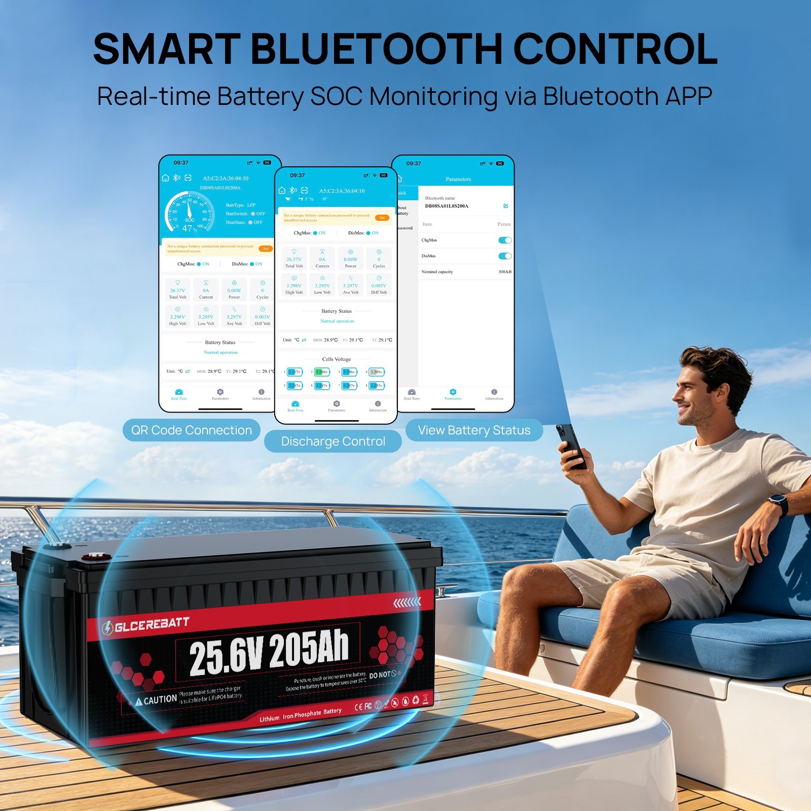 25.6V 205Ah LiFePO4 Battery 5.2kWh 200A BMS Bluetooth | RV Solar Marine Off-Grid