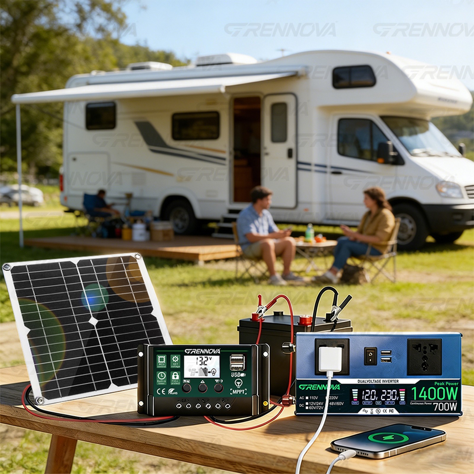 Grennova 1400W True Watt Solar Kit 60A MPPT 12/24V Inverter Outdoor Emergency