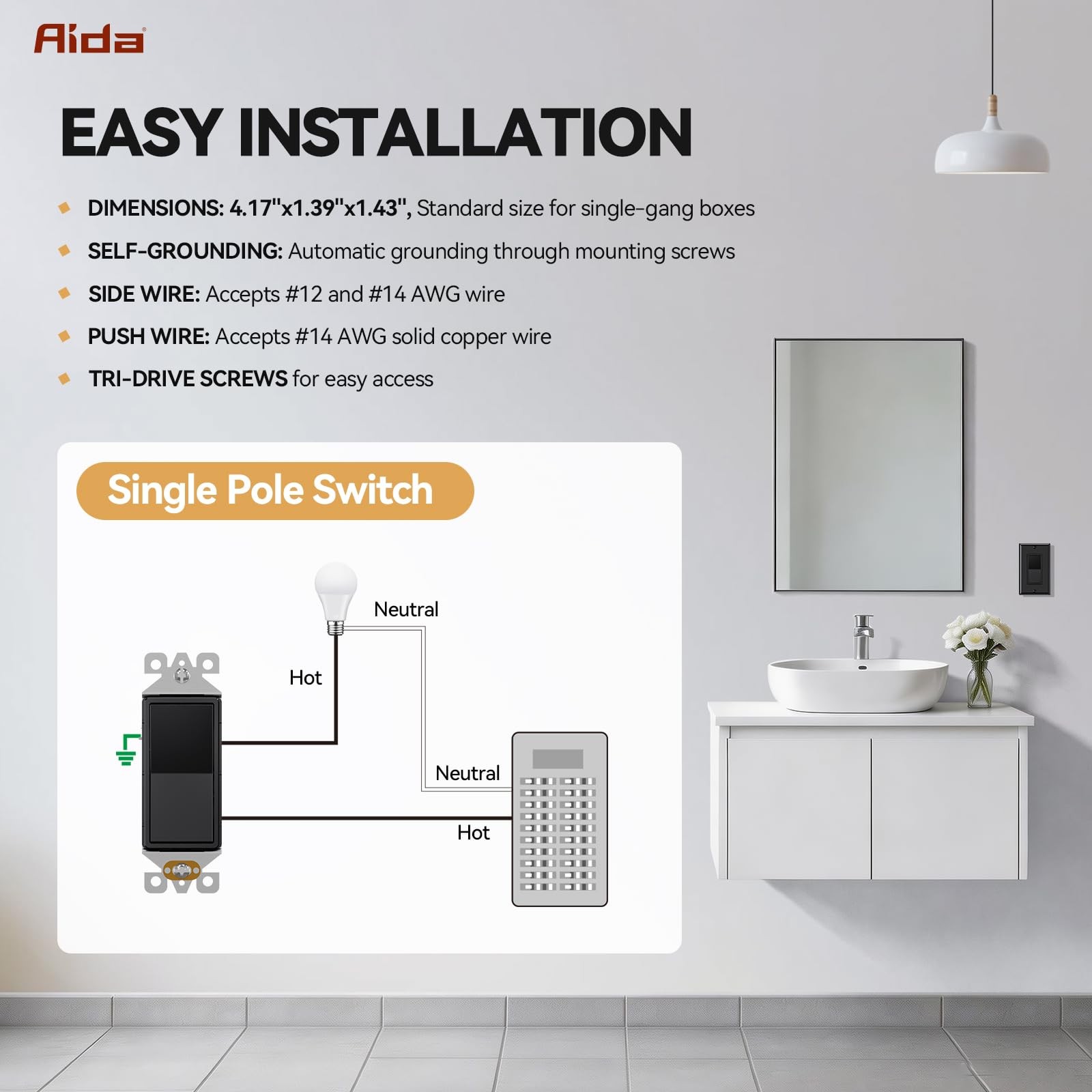 AIDA Single Pole Rocker Decorator Light Switch, Glossy Black