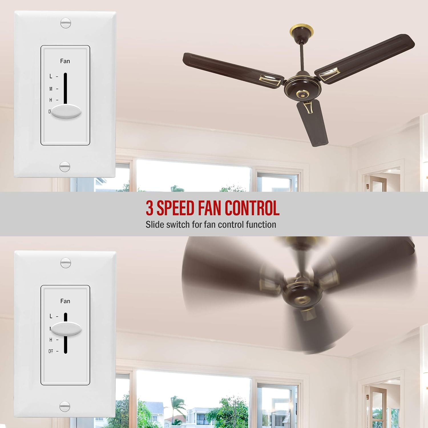3 Speed in Wall Ceiling Fan Control, Slide Switch, 120VAC, 2.5A, Single-Pole, No