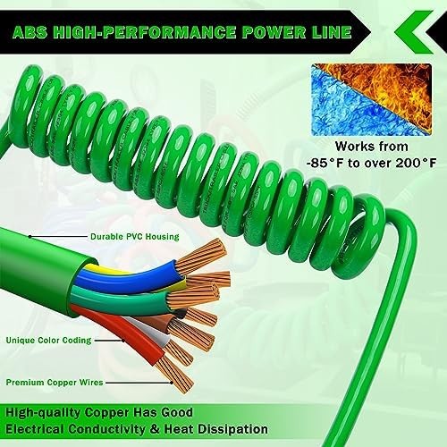 CheeMuii 7 Way Coiled Trailer Cord 15FT Long Tail ABS Electrical Power Wire A…