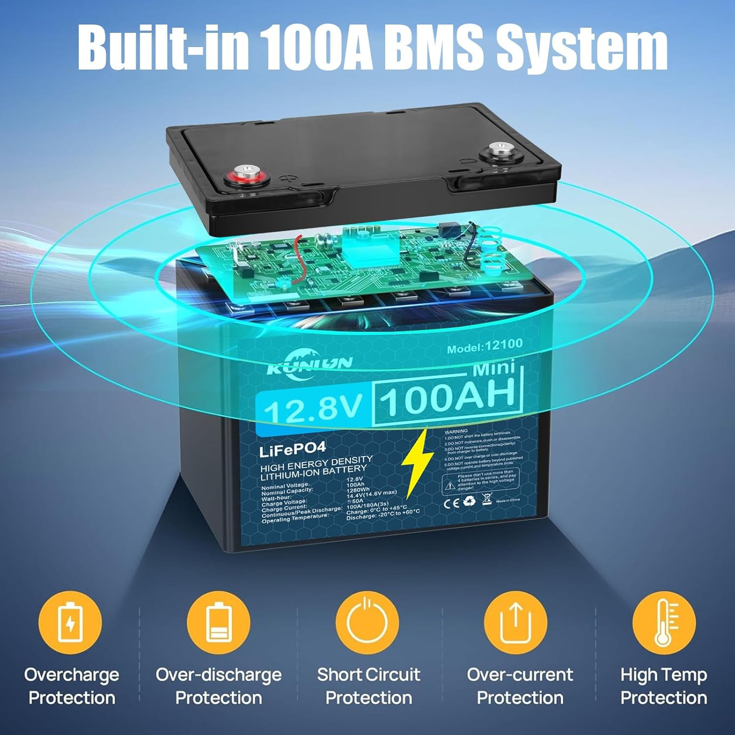 12V 100AH LiFePO4 Lithium Battery Deep Cycle BMS for Solar Panel RV Off-grid -US