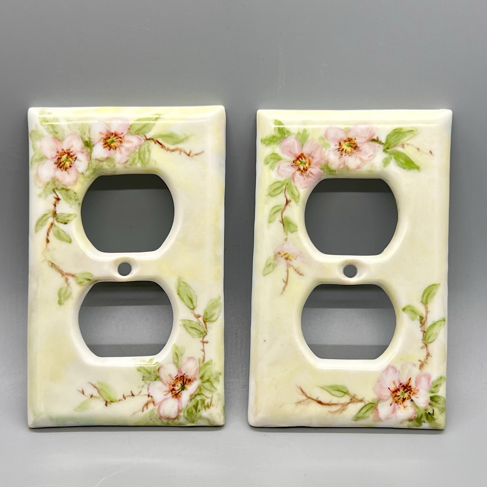 2 – Vintage Porcelain Outlet Covers Hand Painted Green w/ Pink Dogwood Florals